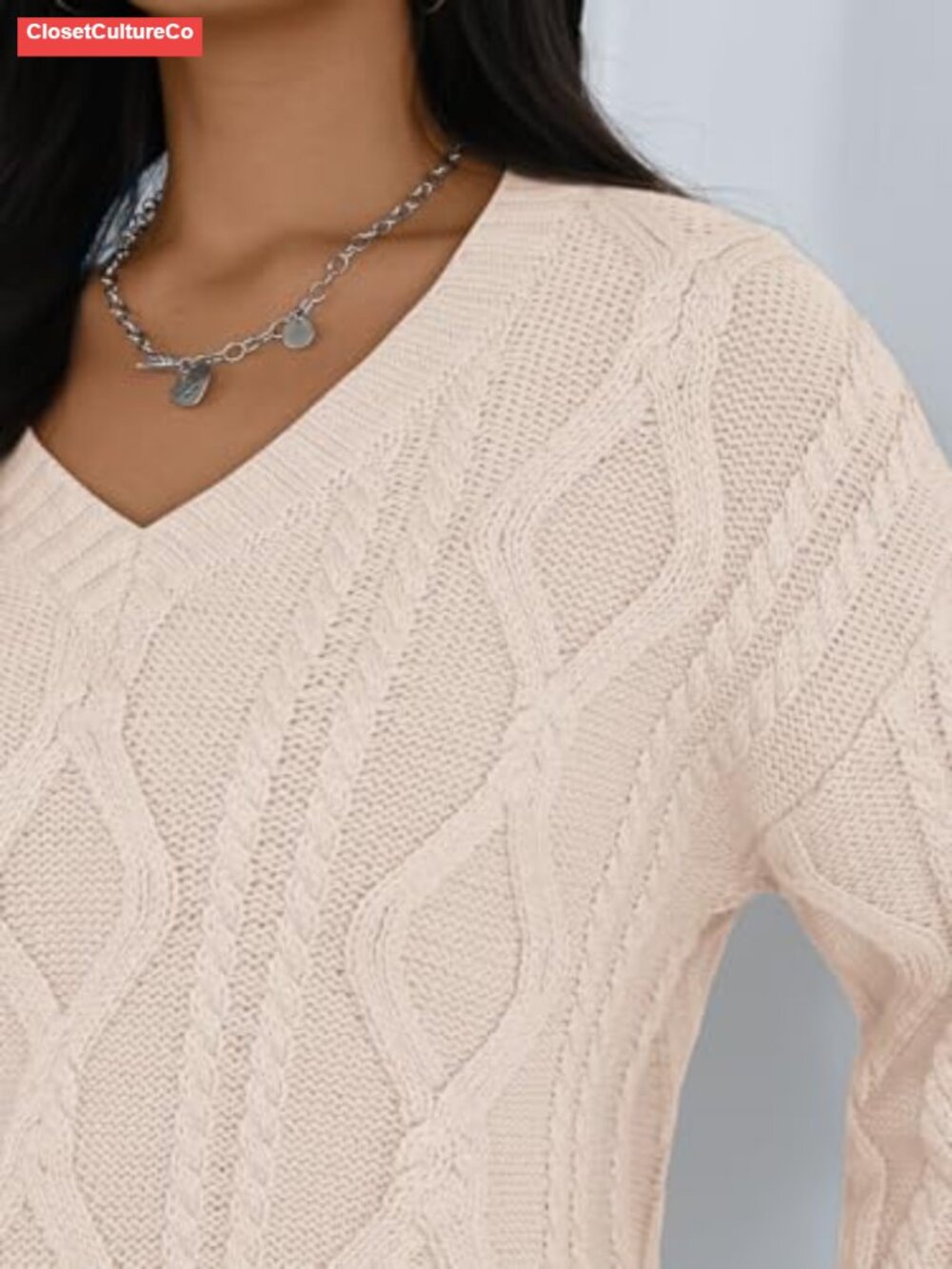 Womens V Neck Cable Knit Oversized Pullover Sweater Cotton Acrylic - Picture 4 of 5